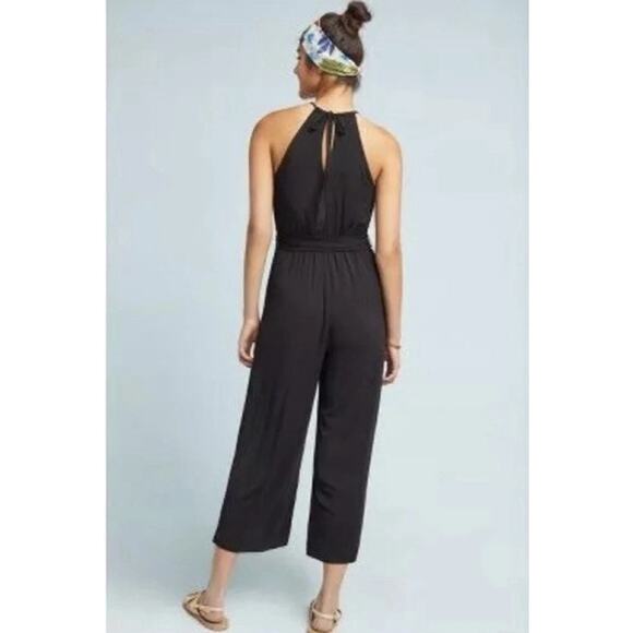 Anthropologie Maeve Corinna Halter Belted Black Jumpsuit Wide Leg Pockets XS - Picture 2 of 10